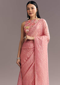 Pink Glass Tissue Sequin Embroidered Saree With Cutdana And Beads