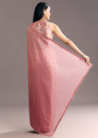 Pink Glass Tissue Sequin Embroidered Saree With Cutdana And Beads