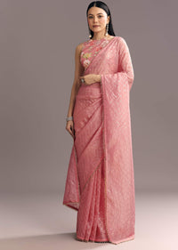 Pink Glass Tissue Sequin Embroidered Saree With Cutdana And Beads