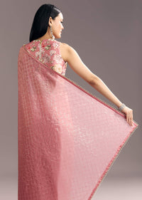Pink Glass Tissue Sequin Embroidered Saree With Cutdana And Beads