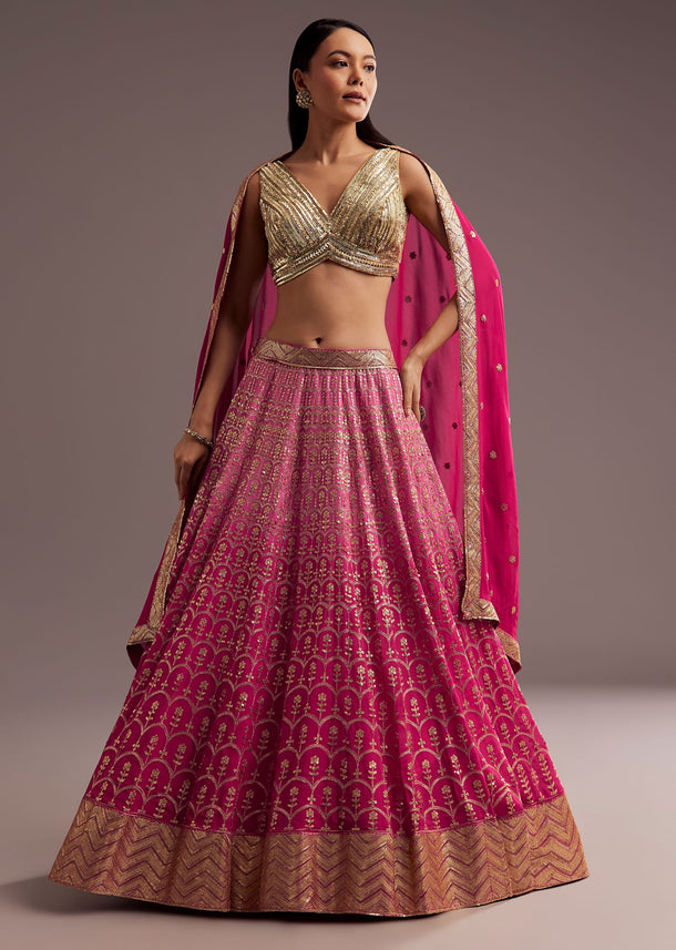 Pink Gold Ombre Sequins Zari Lehenga Set