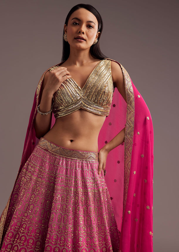 Pink Gold Ombre Sequins Zari Lehenga Set