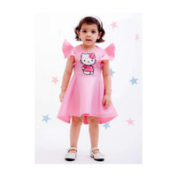 Pink Hello Kitty Dress In Scuba Fabric With Ruffle Sleeves By Fayon Kids