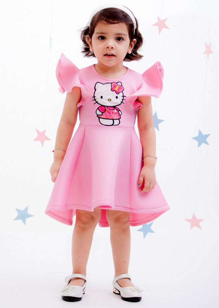 Pink Hello Kitty Dress In Scuba Fabric With Ruffle Sleeves By Fayon Kids