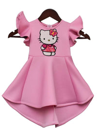 Pink Hello Kitty Dress In Scuba Fabric With Ruffle Sleeves By Fayon Kids