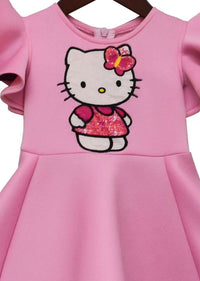 Pink Hello Kitty Dress In Scuba Fabric With Ruffle Sleeves By Fayon Kids