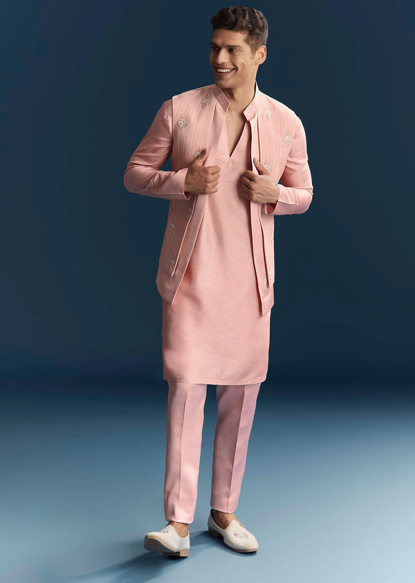 Pink Imported Linen Kurta Jacket Set For Men With Aari Work