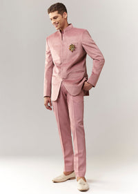 Pink Jodhpuri Style Tuxedo Set With Metal Broach
