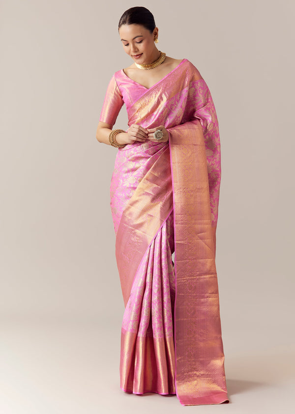 Pink Kanjivaram Saree with Unstitched Blouse