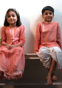 Kalki Boys Pink Kurta In Hand-woven Cotton Silk With Zari Enhanced Placket And Twisted Design At The Neck Love The World Today