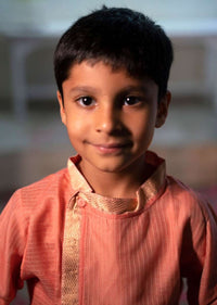 Kalki Boys Pink Kurta In Hand-woven Cotton Silk With Zari Enhanced Placket And Twisted Design At The Neck Love The World Today