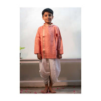 Kalki Boys Pink Kurta In Hand-woven Cotton Silk With Zari Enhanced Placket And Twisted Design At The Neck Love The World Today