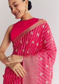 Pink Leheriya Printed Saree With Floral Embroidery