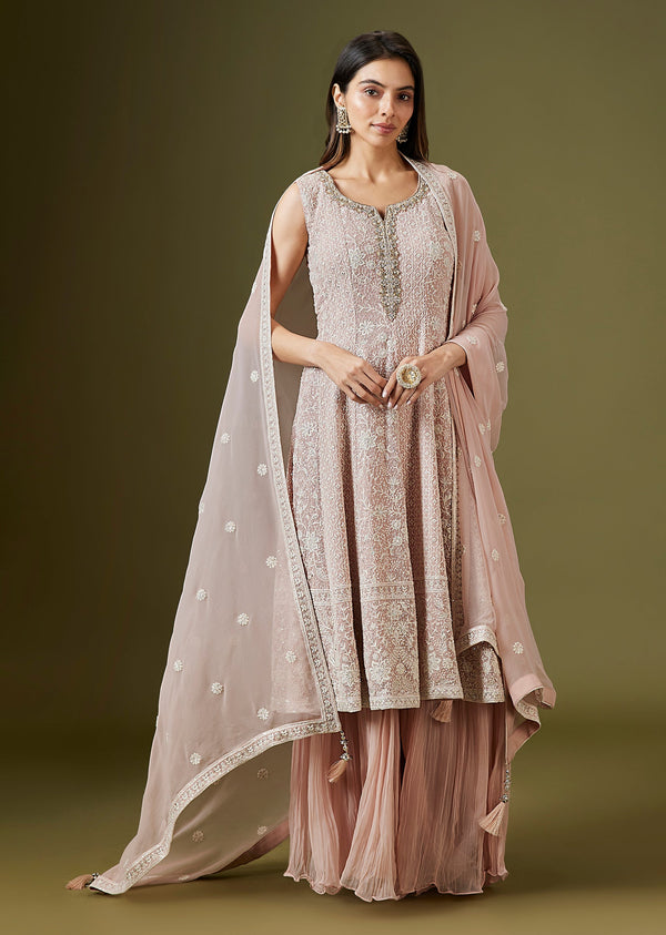Blush Pink Lucknowi Georgette Palazzo Set With Tassled Dupatta