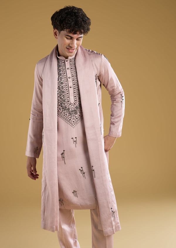 Pink Kurta Set With Thread Metal And Beads Detail