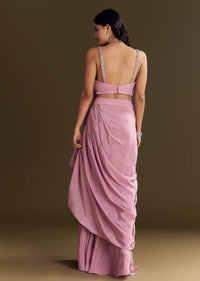Pink Mirror Sequin Embroidered Croptop Skirt With Cape