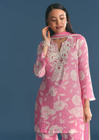 Pink Muslin Floral Print Kurta Sharara Suit With Moti Cutdana Work