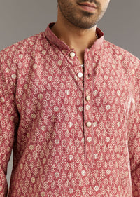 Pink Muslin Kurta Set With Symmetric Prints