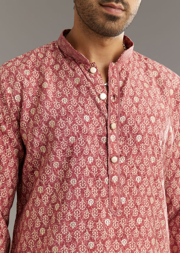 Pink Muslin Kurta Set With Symmetric Prints