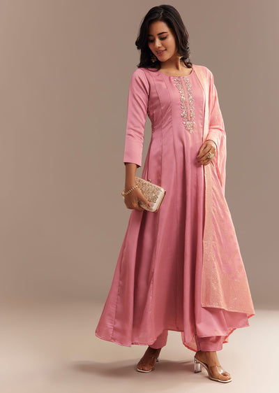 Pink Muslin Mirror Embroidered Anarkali Set