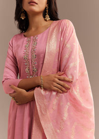 Pink Muslin Mirror Embroidered Anarkali Set