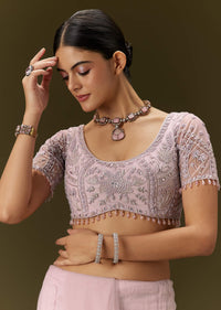 Pink Net Saree With All Over Embroidery