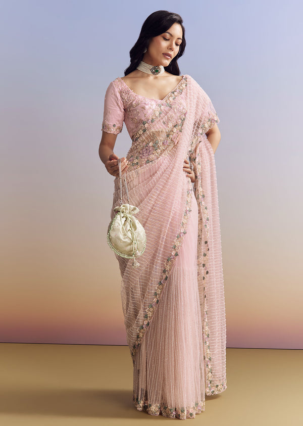 Pink Net Saree With Pastel Floral Embroidery And Resham Detailing