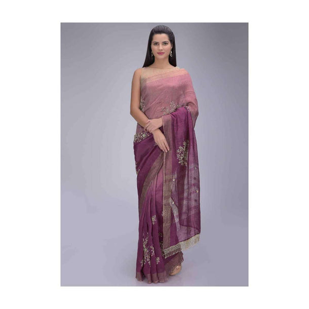 Pink ombre cotton silk saree with Victorian rose pink cotton silk blouse piece only on Kalki