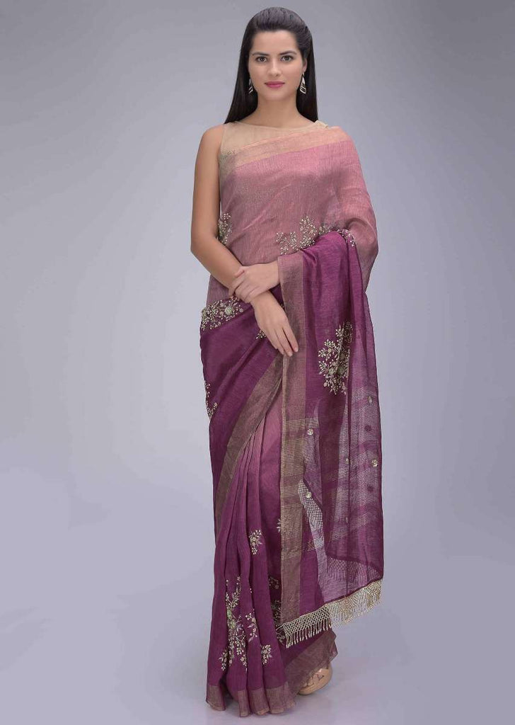 Pink ombre cotton silk saree with Victorian rose pink cotton silk blouse piece only on Kalki