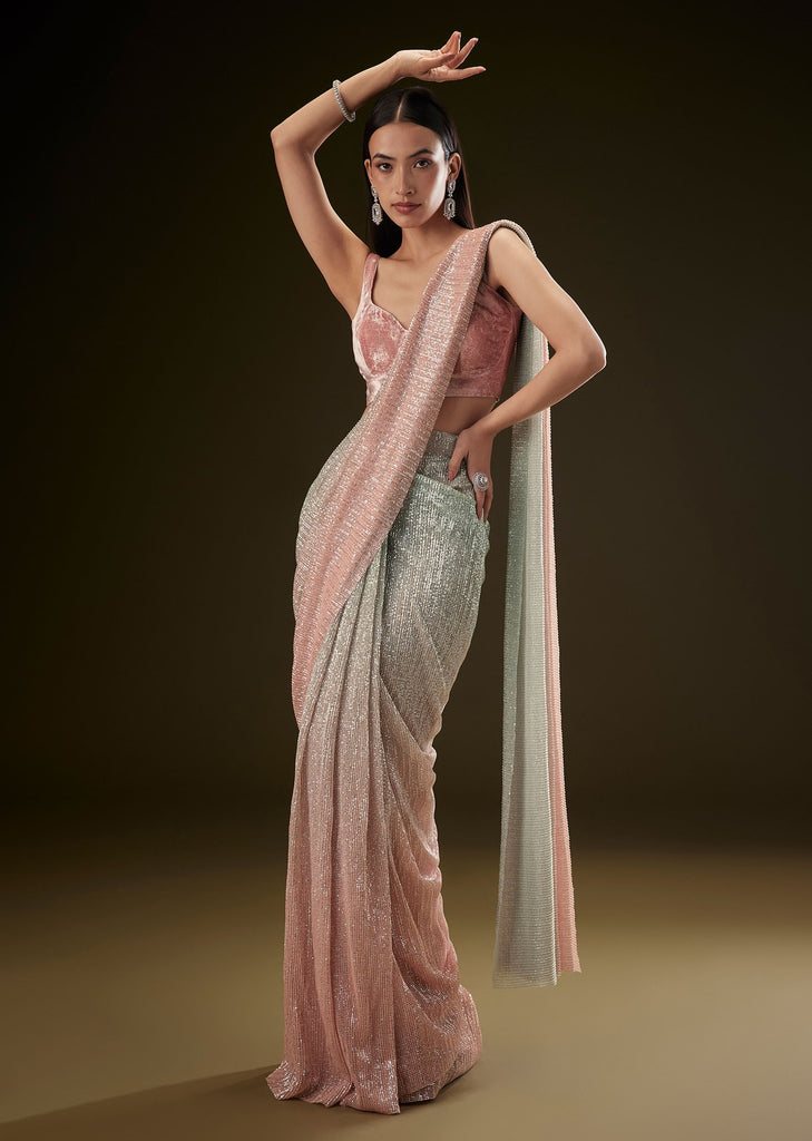 Pink Ombre Sequence Ready To Wear Saree With Velvet Blouse