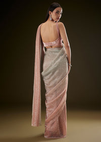 Pink Ombre Sequence Ready To Wear Saree With Velvet Blouse