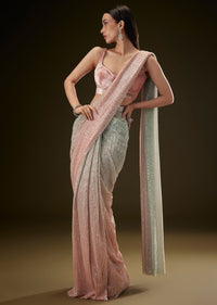 Pink Ombre Sequence Ready To Wear Saree With Velvet Blouse