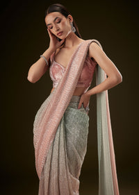 Pink Ombre Sequence Ready To Wear Saree With Velvet Blouse