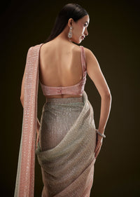 Pink Ombre Sequence Ready To Wear Saree With Velvet Blouse