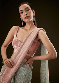 Pink Ombre Sequence Ready To Wear Saree With Velvet Blouse