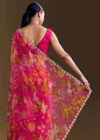 Pink Organza Floral Saree With Embellished Border