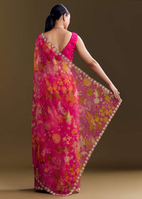 Pink Organza Floral Saree With Embellished Border