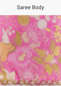 Pink Organza Floral Saree With Embellished Border