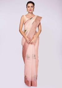 Pink organza saree in thread and french knot embroidered butti