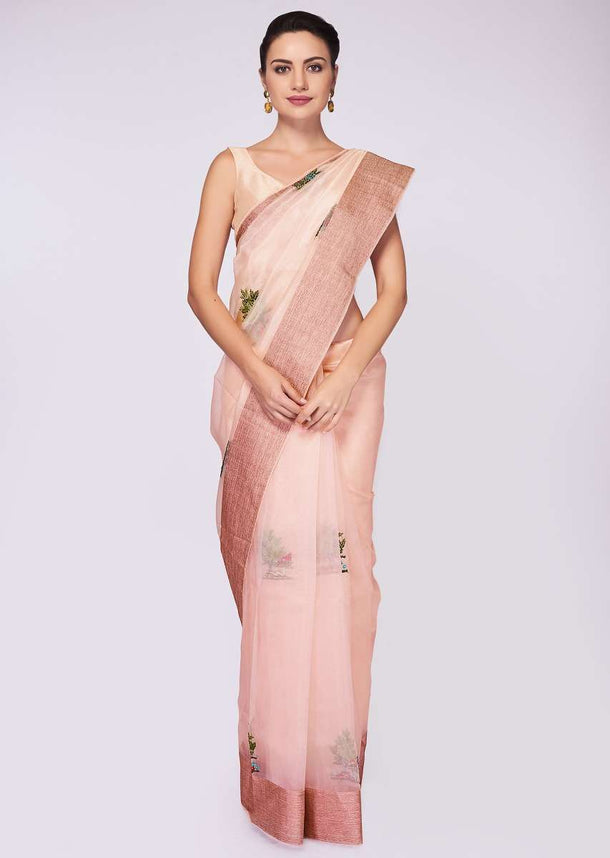 Pink organza saree in thread and french knot embroidered butti