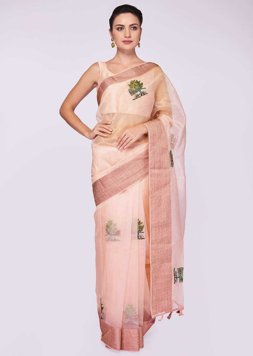 Pink organza saree in thread and french knot embroidered butti