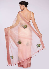 Pink organza saree in thread and french knot embroidered butti