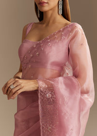 Pink Organza Sequins Saree With Scallop Border