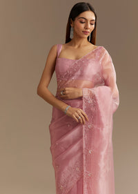 Pink Organza Sequins Saree With Scallop Border