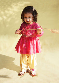 Kalki Girls Pink Peplum Kurti And Dhoti Set In Hand-woven Chanderi Silk With Butti Embroidery By Tiber Taber