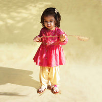 Kalki Girls Pink Peplum Kurti And Dhoti Set In Hand-woven Chanderi Silk With Butti Embroidery By Tiber Taber