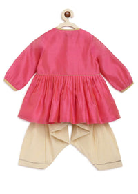 Kalki Girls Pink Peplum Kurti And Dhoti Set In Hand-woven Chanderi Silk With Butti Embroidery By Tiber Taber