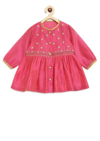 Kalki Girls Pink Peplum Kurti And Dhoti Set In Hand-woven Chanderi Silk With Butti Embroidery By Tiber Taber