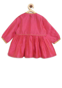 Kalki Girls Pink Peplum Kurti And Dhoti Set In Hand-woven Chanderi Silk With Butti Embroidery By Tiber Taber