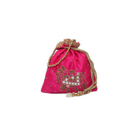 Pink Potli Bag In Raw Silk With Mirror And Zardosi Embroidered Elephant Motif By Pink Cocktail